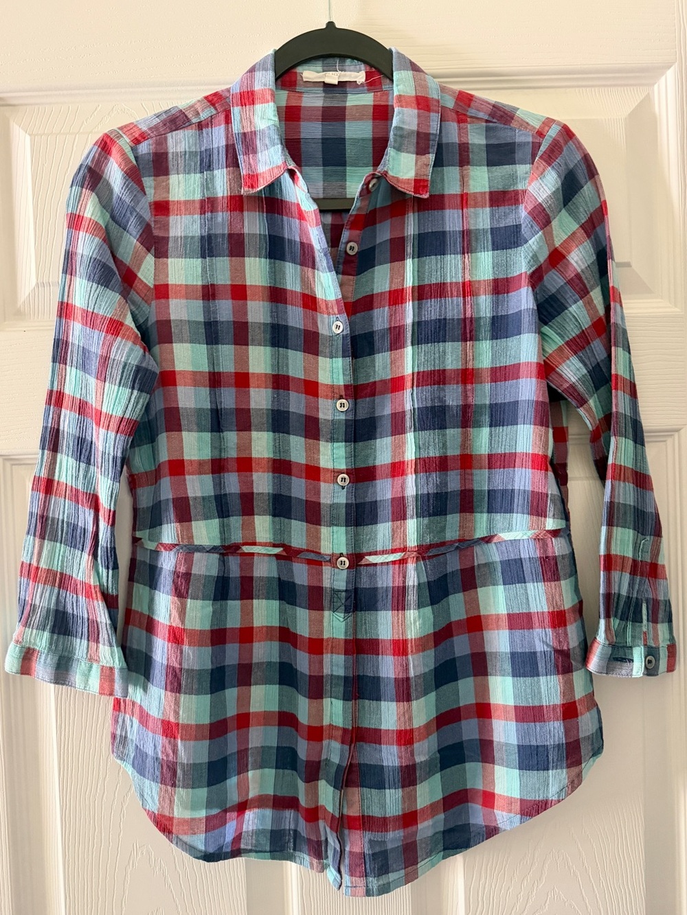 Eliot for Madewell Red Aqua & Blue Plaid Button-Front Popover Shirt
